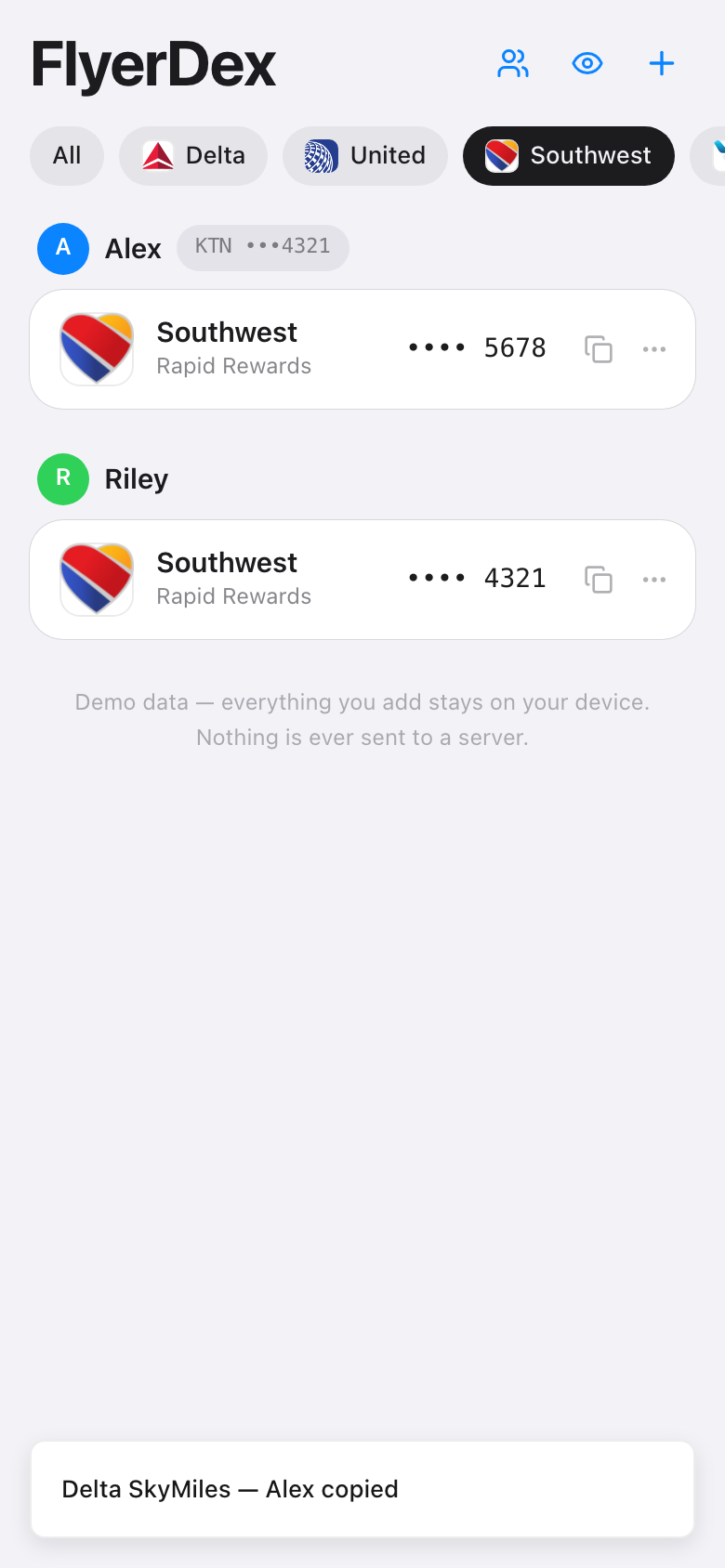 FlyerDex booking mode filtered to Southwest across two travelers