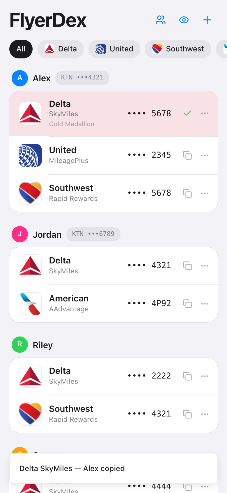 FlyerDex copy feedback showing a highlighted row, checkmark, and confirmation toast