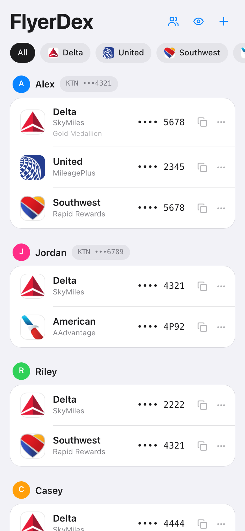 FlyerDex home screen showing travelers with airline programs and masked numbers